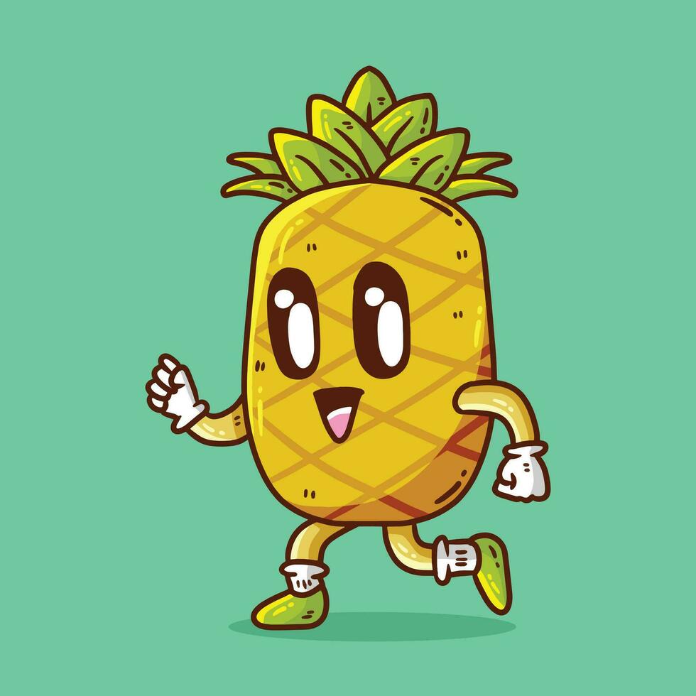 süß glücklich Ananas Obst Laufen Maskottchen Charakter Vektor Karikatur Illustration. Ananas Vektor Karikatur Illustration.