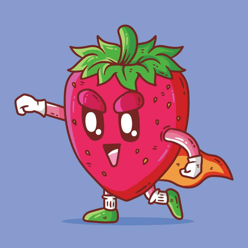 süß glücklich Erdbeere Obst im Superheld Pose Maskottchen Charakter Vektor Karikatur Illustration. Erdbeere Vektor Karikatur Illustration