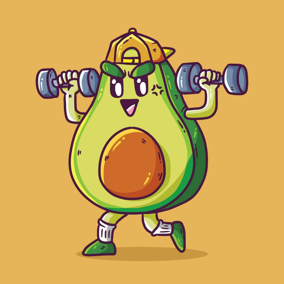 süß Avocado Obst Maskottchen Charakter Heben Hantel Vektor Karikatur Illustration. Avocado Vektor Karikatur Illustration.