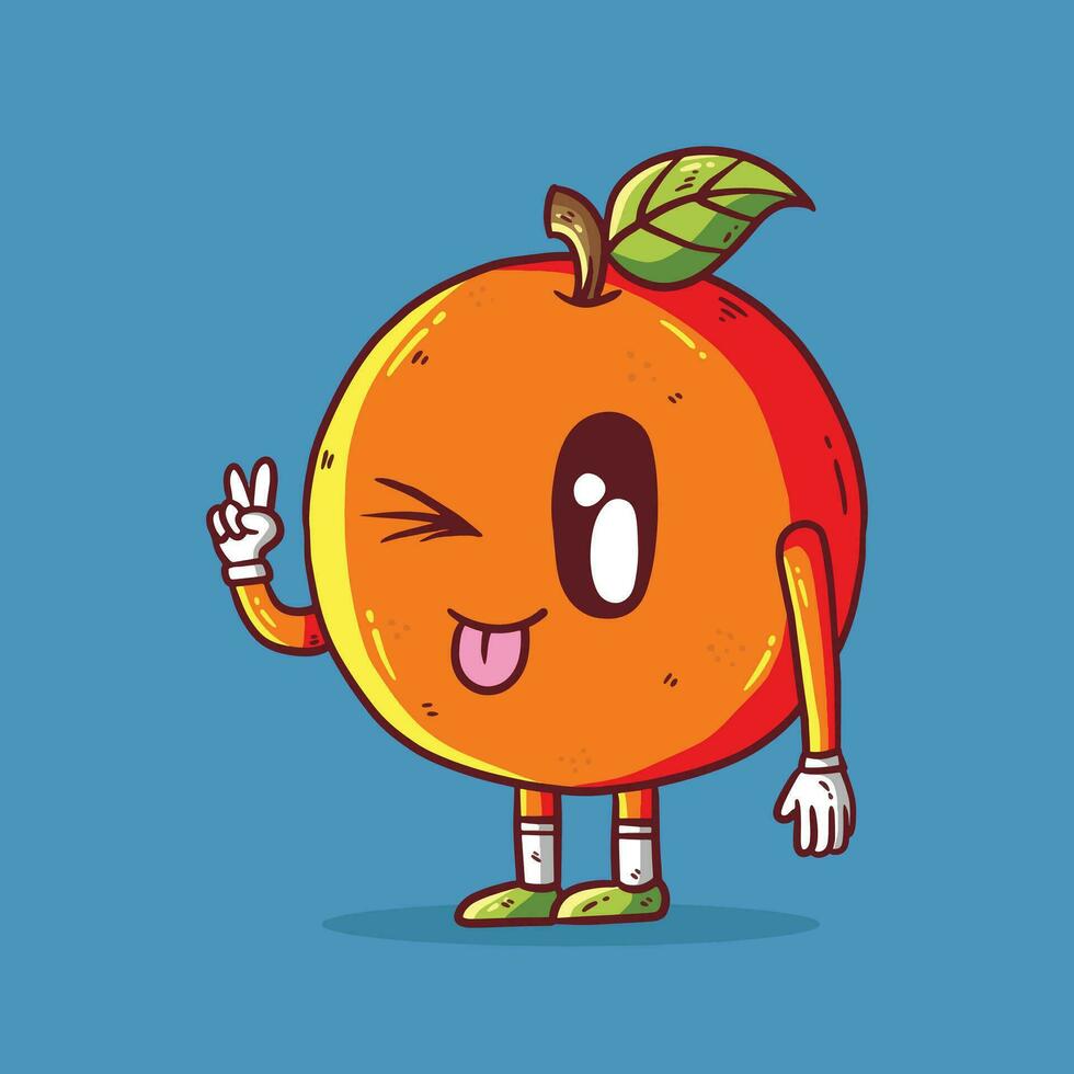 förtjusande tecknad serie vektor illustration av orange frukt maskot i fred hand gest. orange frukt maskot karaktär. orange vektor