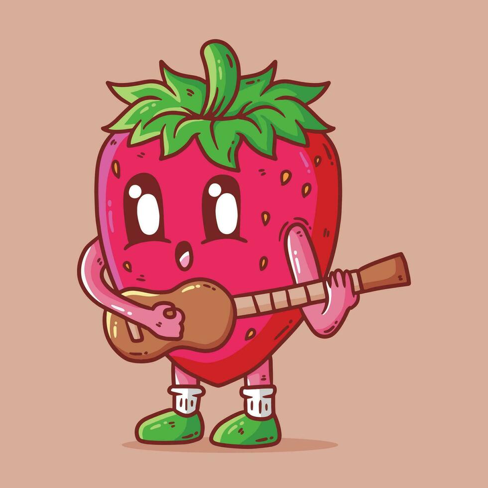süß glücklich Erdbeere Obst spielen Gitarre Maskottchen Charakter Vektor Karikatur Illustration. Erdbeere Vektor Karikatur Illustration