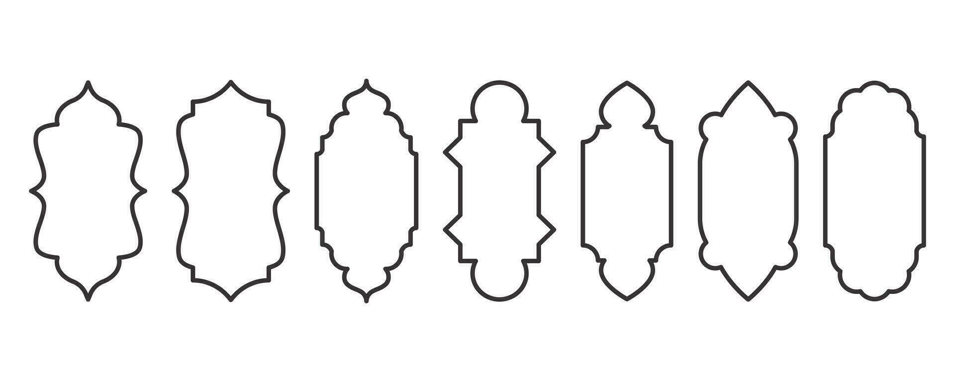 Ramadan Rahmen Formen. Fenster Arabisch Bogen Gliederung Elemente. Tür Design mit Türkisch Ornament. Muslim orientalisch Aufkleber Vorlage. traditionell Dekoration einstellen zum Banner und Abzeichen. vektor