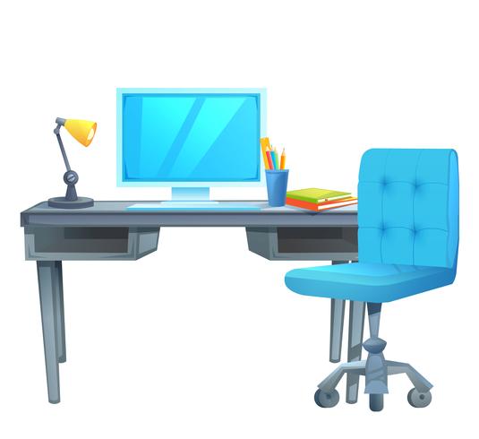 Arbeitsplatz mit einem Computertisch, auf dem sich Bücher und eine Lampe befinden. Vektorkarikaturabbildung vektor