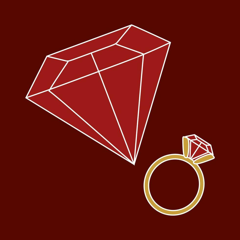 rot Rubin Ring Schmuck kostbar Zubehörteil Satz. Vektor Luxus modisch Schmuck, Finger Dekoration mit Karat Edelstein. Hochzeit Ehe Veranstaltung elegant Ornament eben Karikatur Illustration