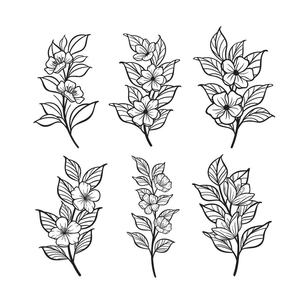 trendig botanisk element, hand dragen linje löv grenar och blomning vektor