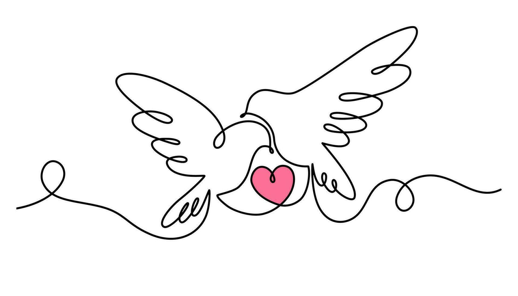 duvor med en hjärta ett kontinuerlig linje teckning. fågel symbol av fred, kärlek och frihet i enkel linjär stil. valentine dag. vektor översikt illustration för baner, broschyr, affisch, presentation