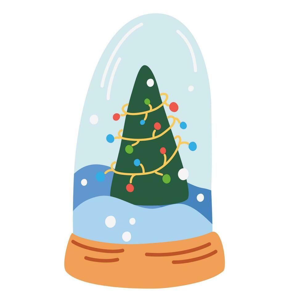 Schnee Globus mit Weihnachten Baum geschmückt mit Girlande. Dekoration Kugel. Neu Jahr Hand zeichnen Vektor Illustration