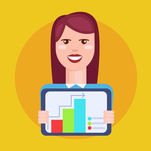 En kvinna på kontoret visar diagram, tabeller och diagram. Vektor platt illustration