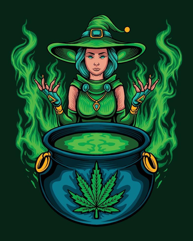 grön marijuanahäxa med magisk trollformel vektor