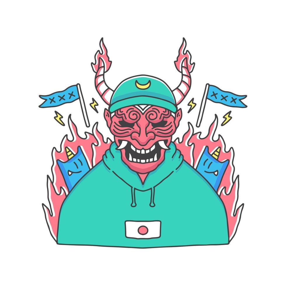 japansk djävul som bär mössa och tröja illustration. för t-shirt vektor