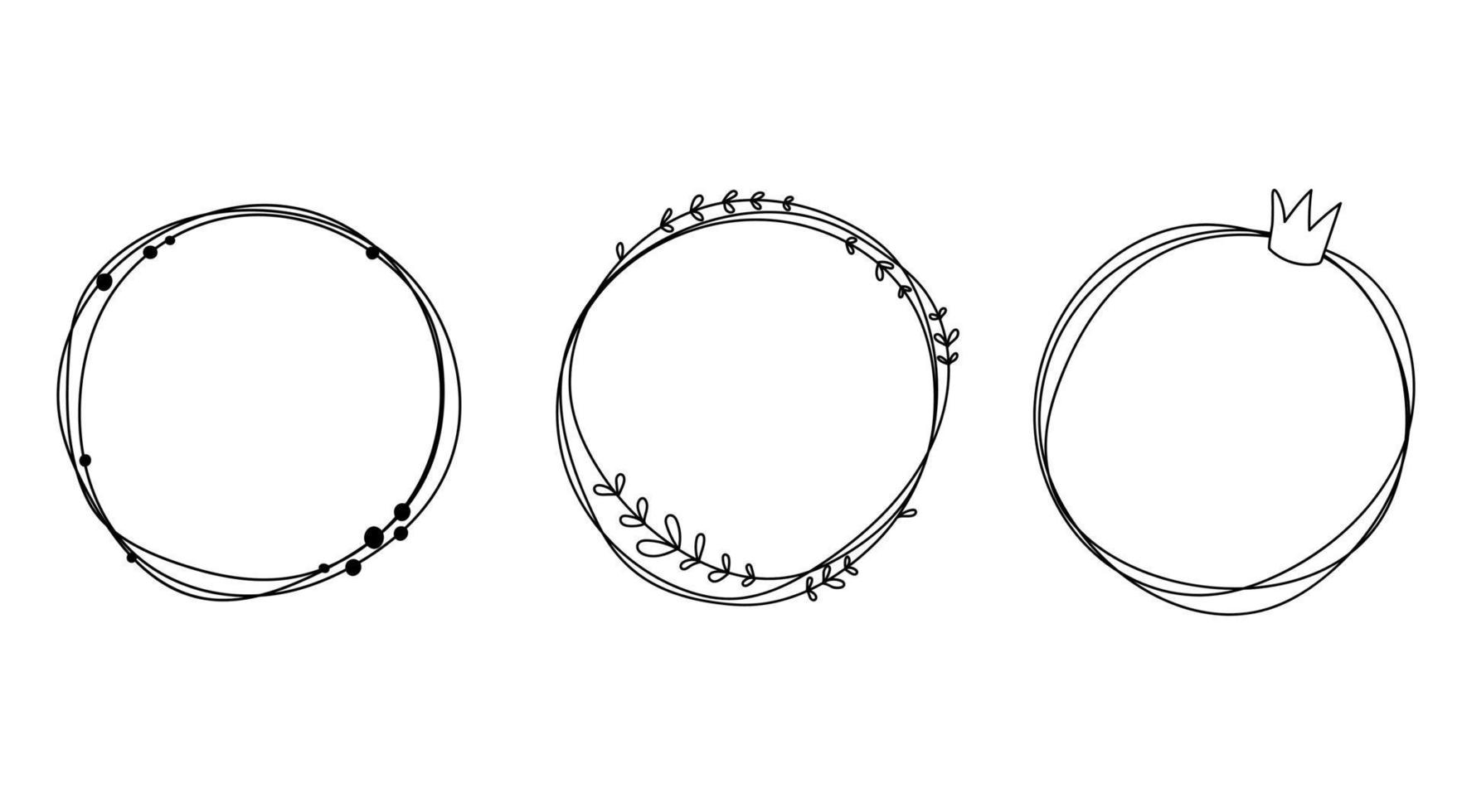 Doodle-Rahmen-Set handgezeichnete runde Linie Blätter Kreise Krone Sammlung vektor