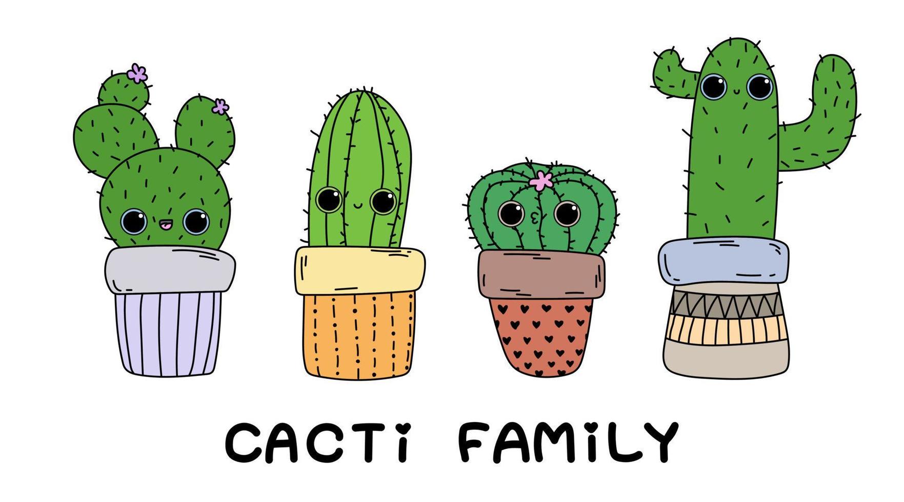 söt tecknad kaktus kaktus familj text isolerad doodle illustration vektor