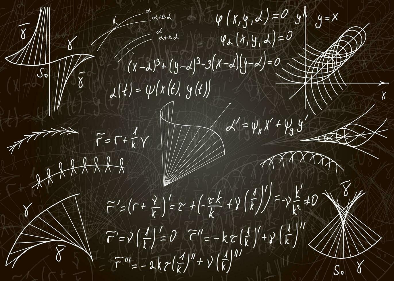 mathematisch Formeln gezeichnet durch Hand auf ein schwarz unrein Tafel zum das Hintergrund. Vektor Illustration