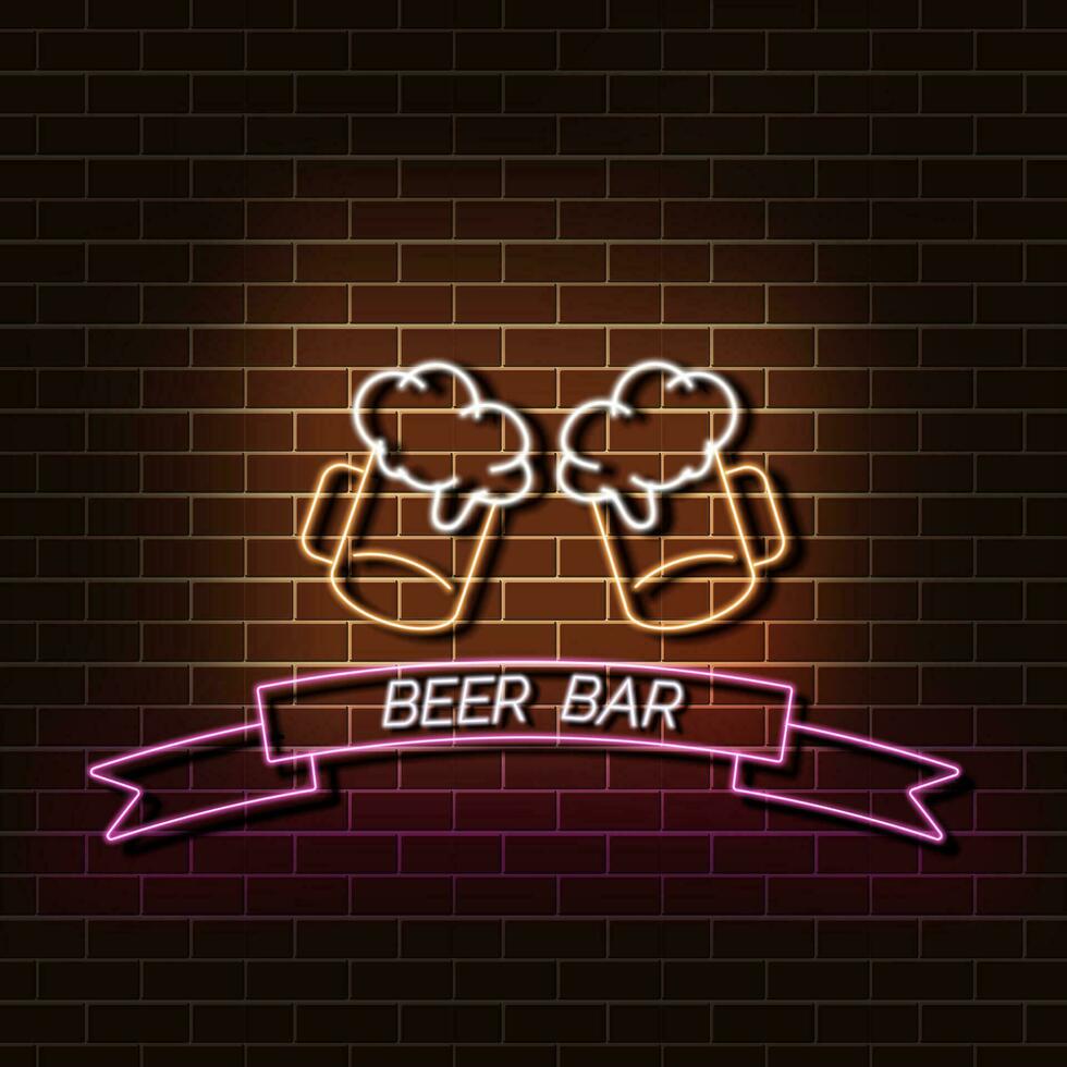 Bier Bar Neon- Licht Banner auf ein Backstein Mauer. Orange und Rosa unterzeichnen. dekorativ realistisch retro Element zum Netz Design Vektor Illustration