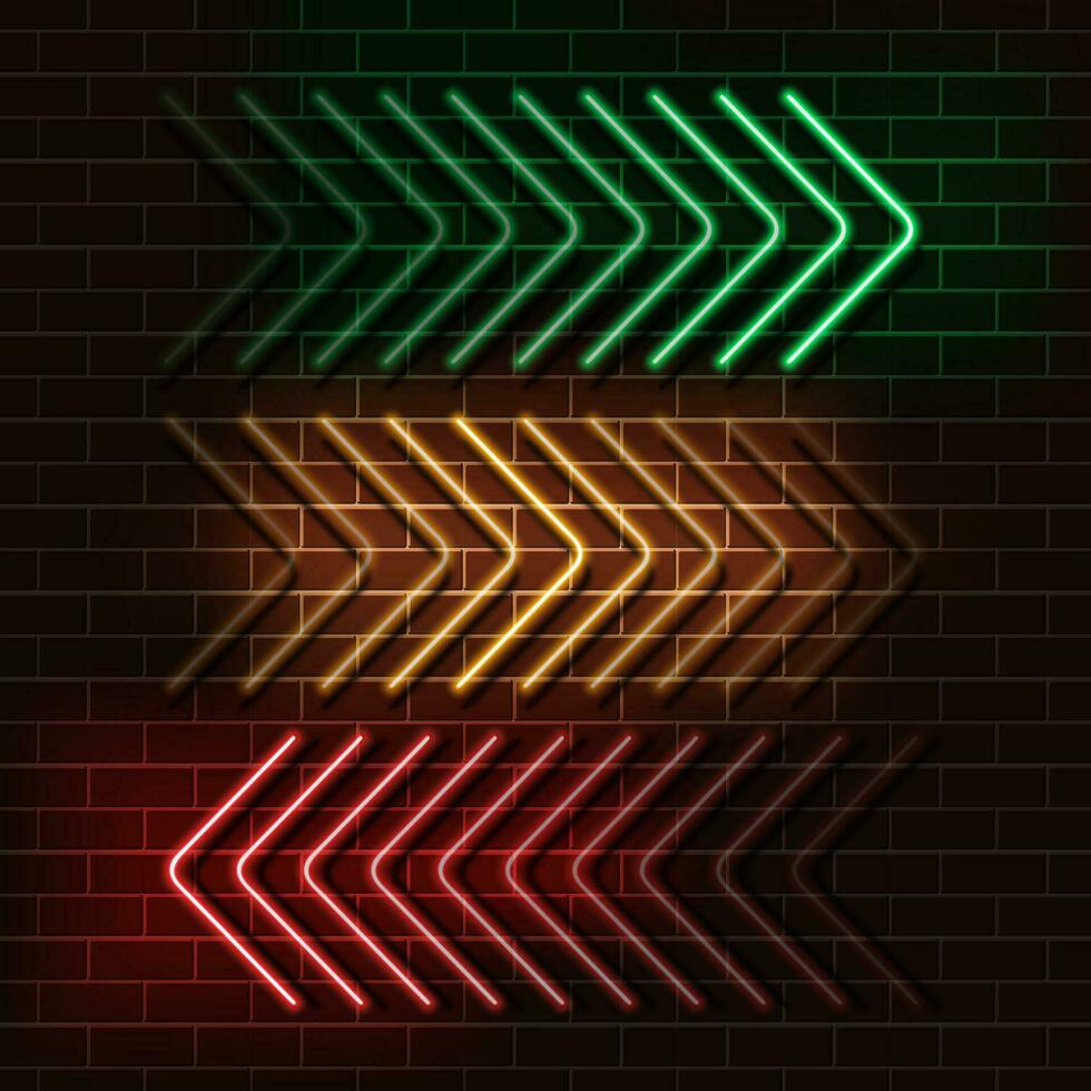 neon grön, gul och röd pilar på en tegel vägg. vektor illustration