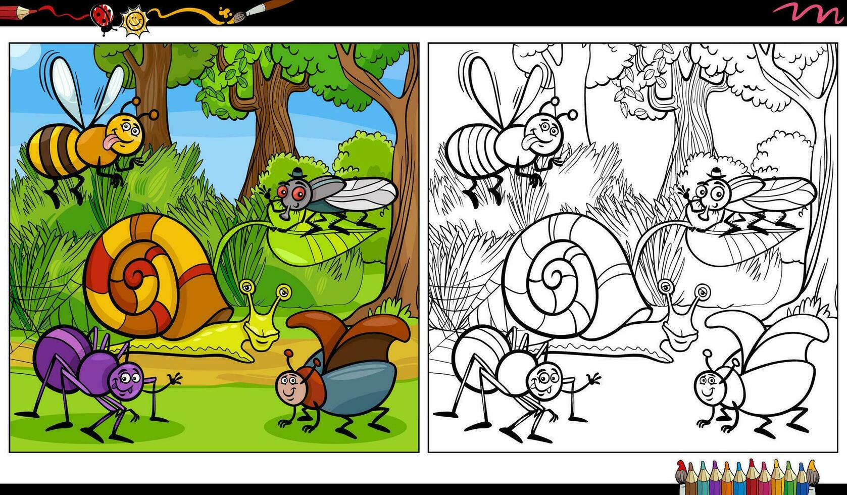 tecknad serie insekter och snigel djur- tecken färg sida vektor