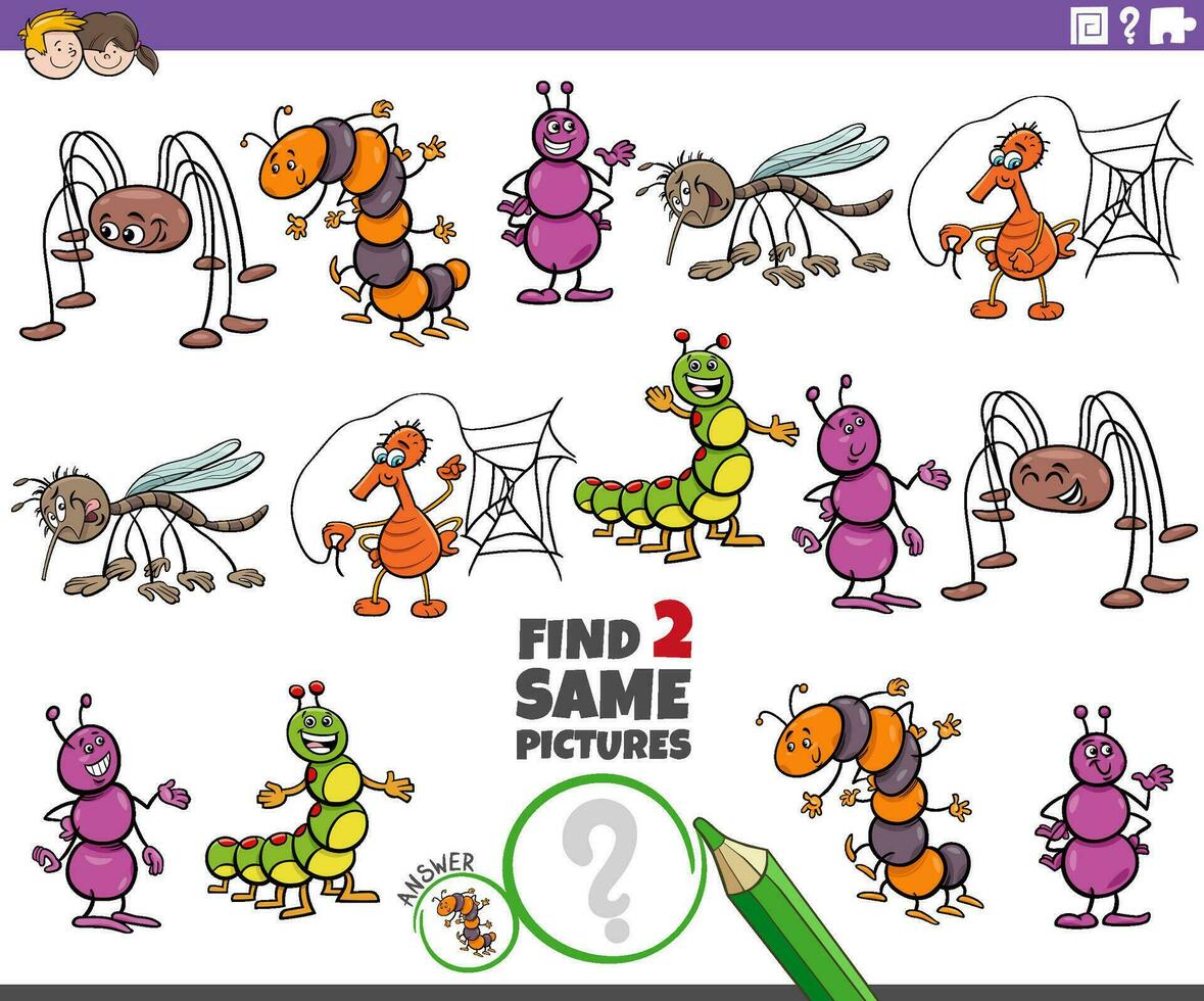 finden zwei gleich Karikatur Insekten lehrreich Spiel vektor