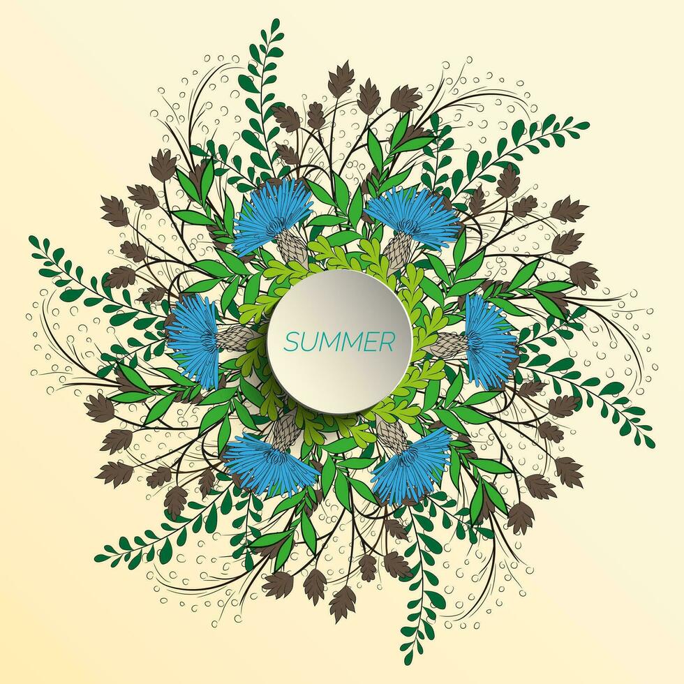 Sommer- Blumen- Hintergrund im das bilden von ein Kranz von Kornblumen und Grün Blätter. zum das Design von Postkarten, Broschüren, Flyer vektor