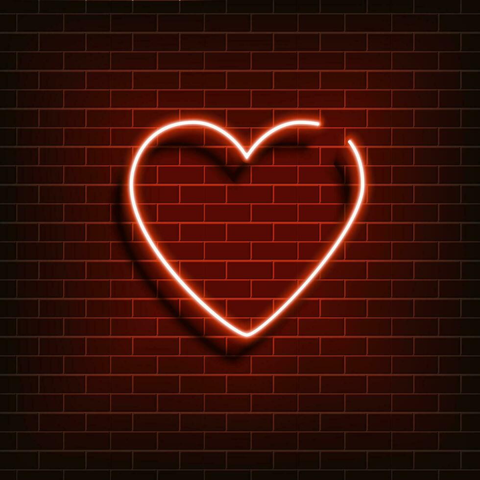 Neon- Herz. ein hell rot Zeichen auf ein Backstein Mauer. Element von Design zum ein glücklich Valentinstag Tag. Vektor Illustration