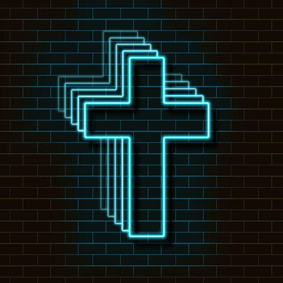 Neon- Blau Christian Kreuz auf ein Backstein Mauer. dekorativ realistisch retro Element zum Netz Design. Vektor Illustration