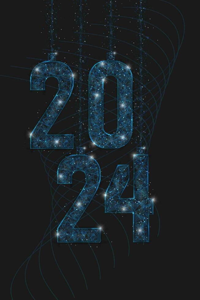 abstrakt isolerat blå bild av ny år siffra 2024. polygonal låg poly trådmodell illustration utseende tycka om stjärnor i de blask natt himmel i spase eller flygande glas skärvor. digital webb, internet design. vektor