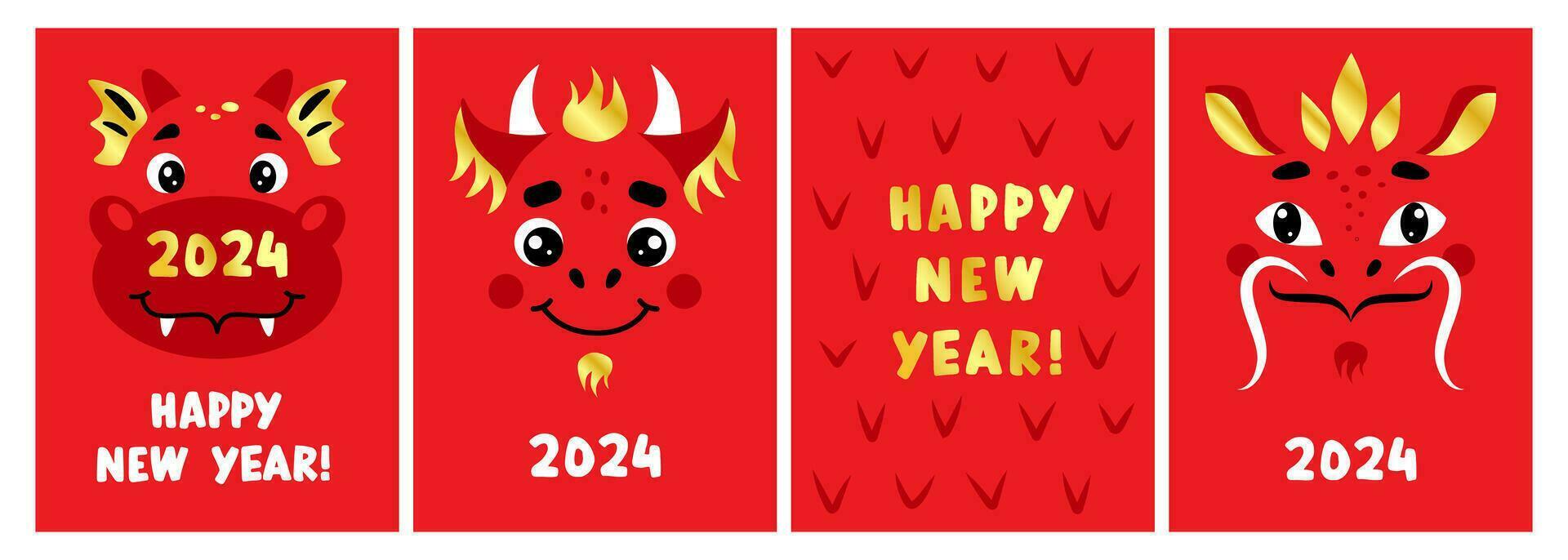 pa uppsättning av vykort Lycklig ny år 2024 kinesisk år av de drake. söt röd och guld drake ansikten vektor