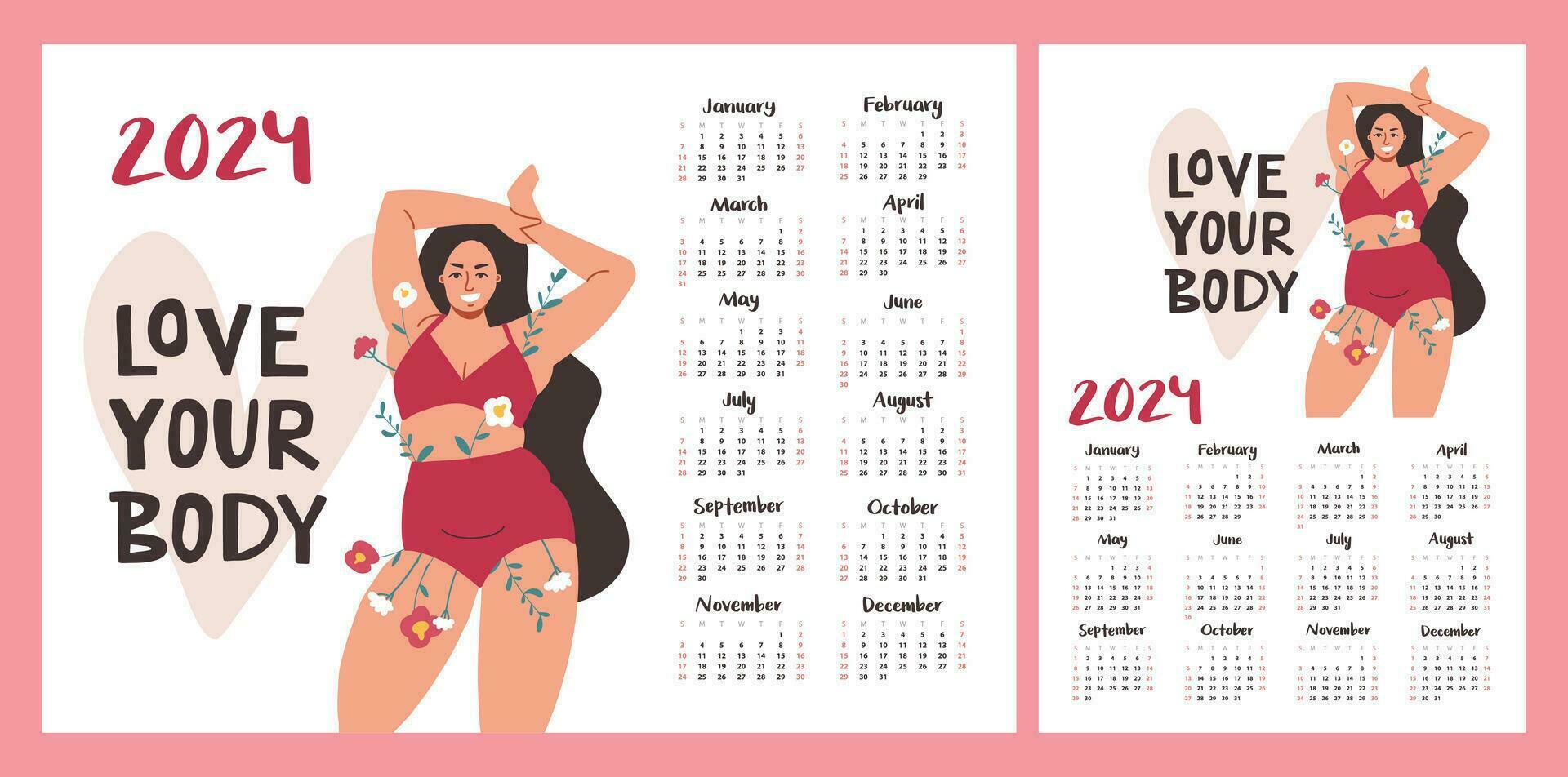 Kalender Layout zum 2024. ein schön rundlich Mädchen zum ein Körper positiv. horizontal und Vertikale Drucken Vorlage vektor