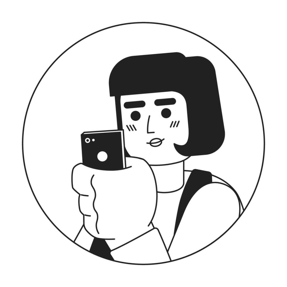 smartphone kvinna caucasian guppa hår svart och vit 2d vektor avatar illustration. telefon rullning flicka europeisk översikt tecknad serie karaktär ansikte isolerat. mobil internet användare platt porträtt
