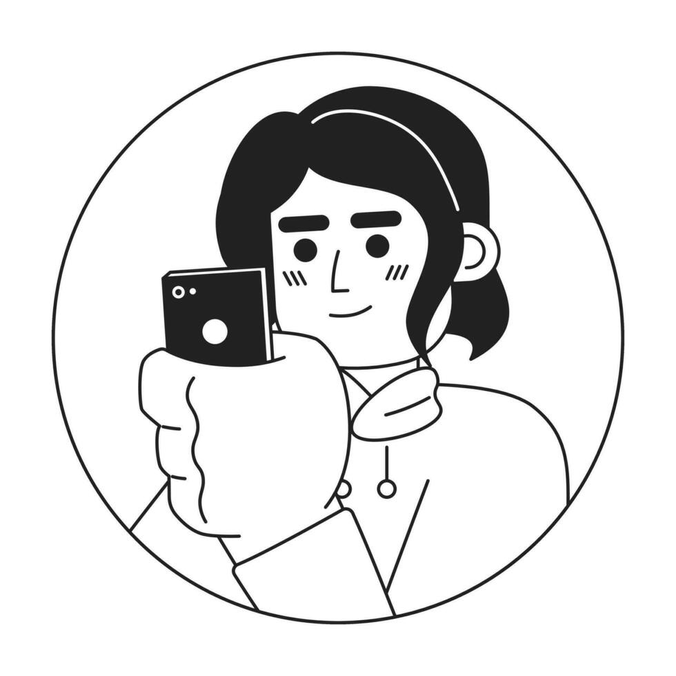 arabisch Teenager Junge suchen beim Telefon schwarz und Weiß 2d Vektor Benutzerbild Illustration. halten Handy, Mobiltelefon Mann mit Mitte Haar Länge Gliederung Karikatur Charakter Gesicht isoliert. Sozial Medien Benutzer eben Porträt