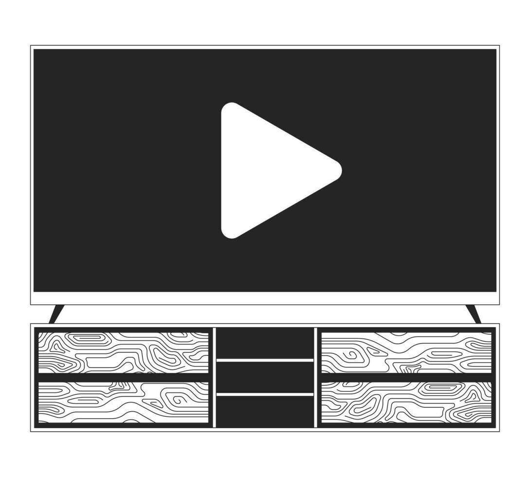 TV på trösta tabell svart och vit 2d linje tecknad serie objekt. tv stående på media lagring skåp isolerat vektor översikt Artikel. tittar på strömning plattform enfärgad platt fläck illustration