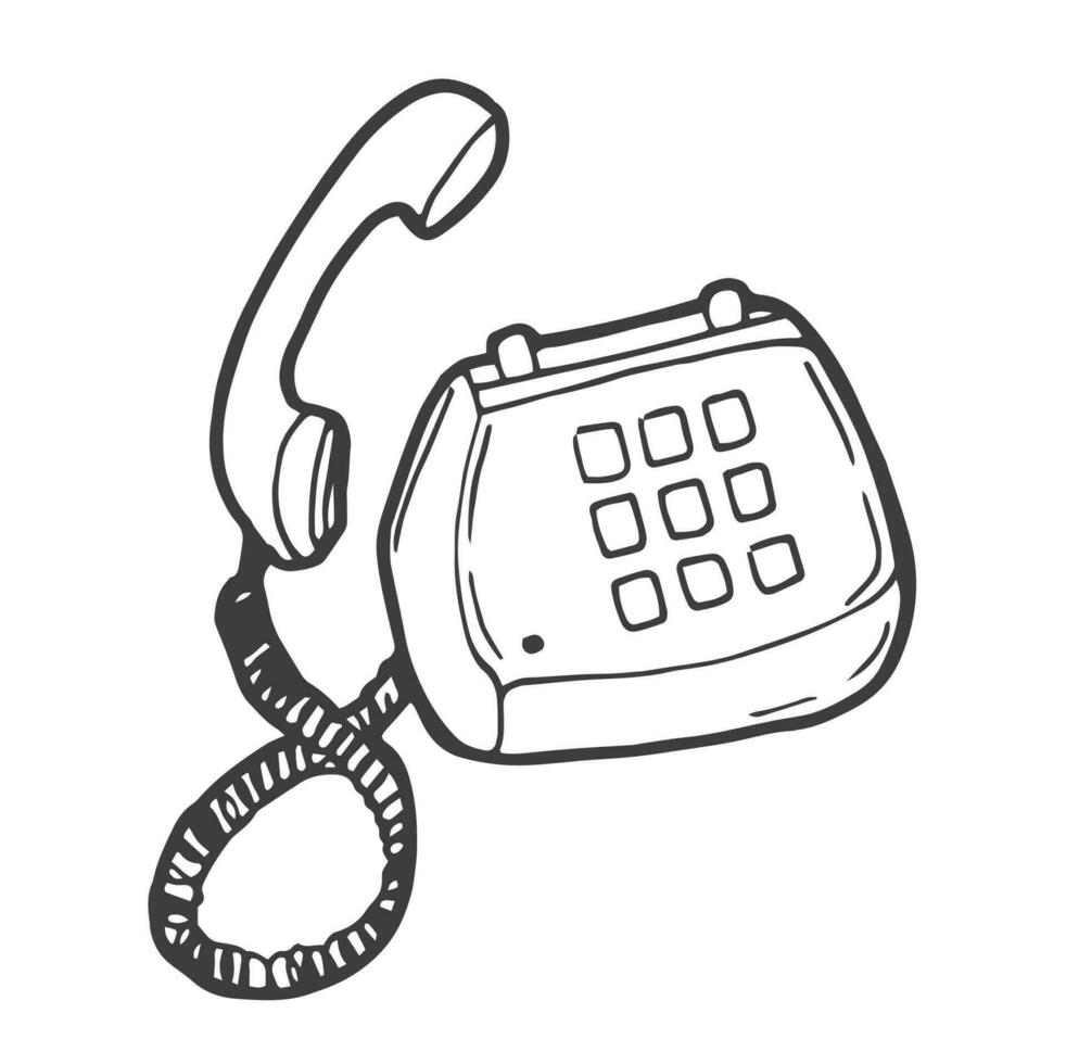 Hand gezeichnet süß Gliederung Illustration von Blau retro verdrahtet Telefon. eben Vektor alt Telefon mit wählen Aufkleber im einfach Linie Kunst Gekritzel Stil. Anruf Gerät Symbol oder drucken. isoliert auf Weiß Hintergrund.
