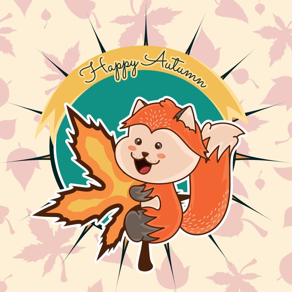 glücklicher Fuchs, der ein Blatt umarmt, glückliches Herbstbild vektor