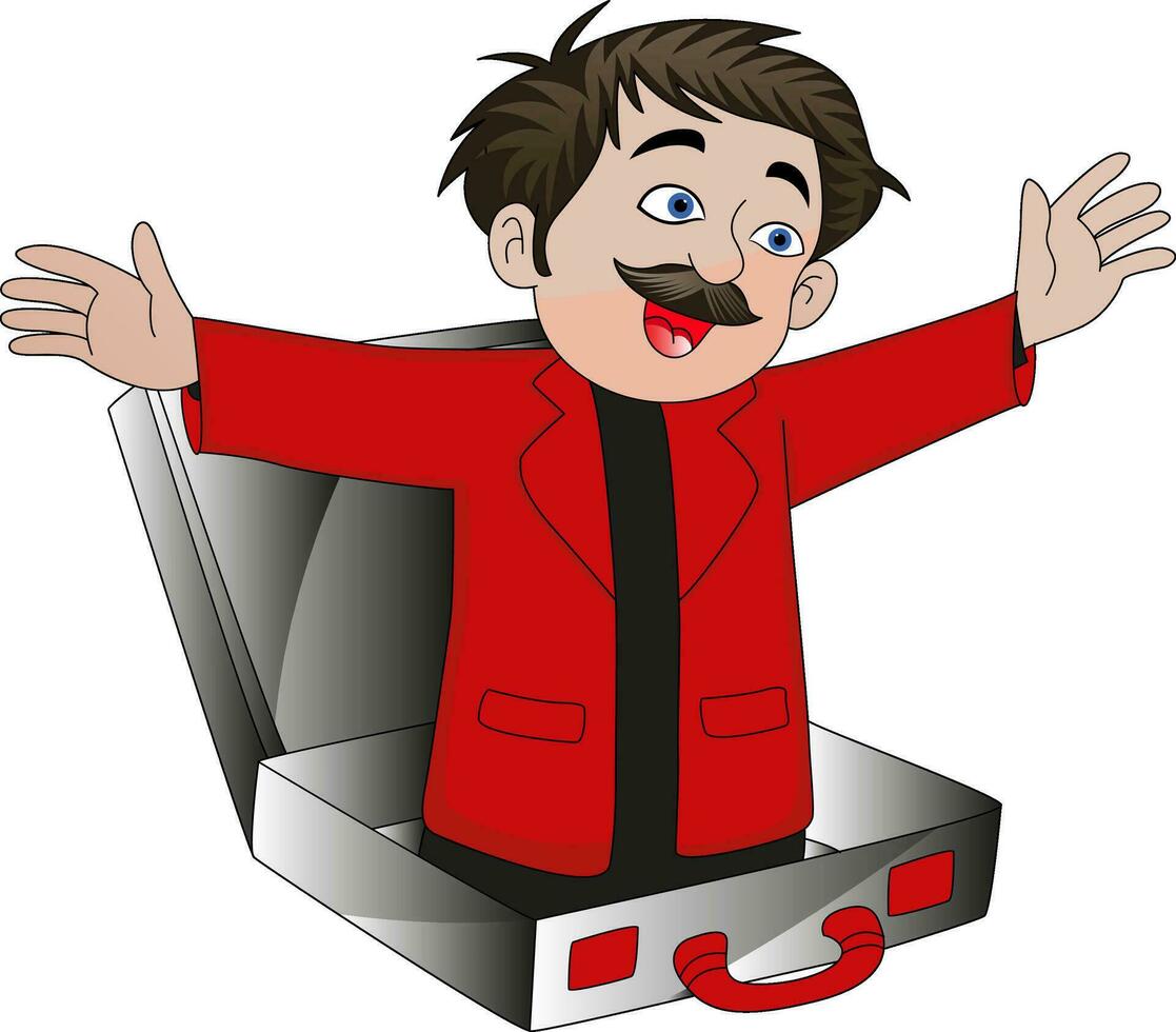 en tecknad serie man i en röd kostym och mustasch är stående i en resväska vektor