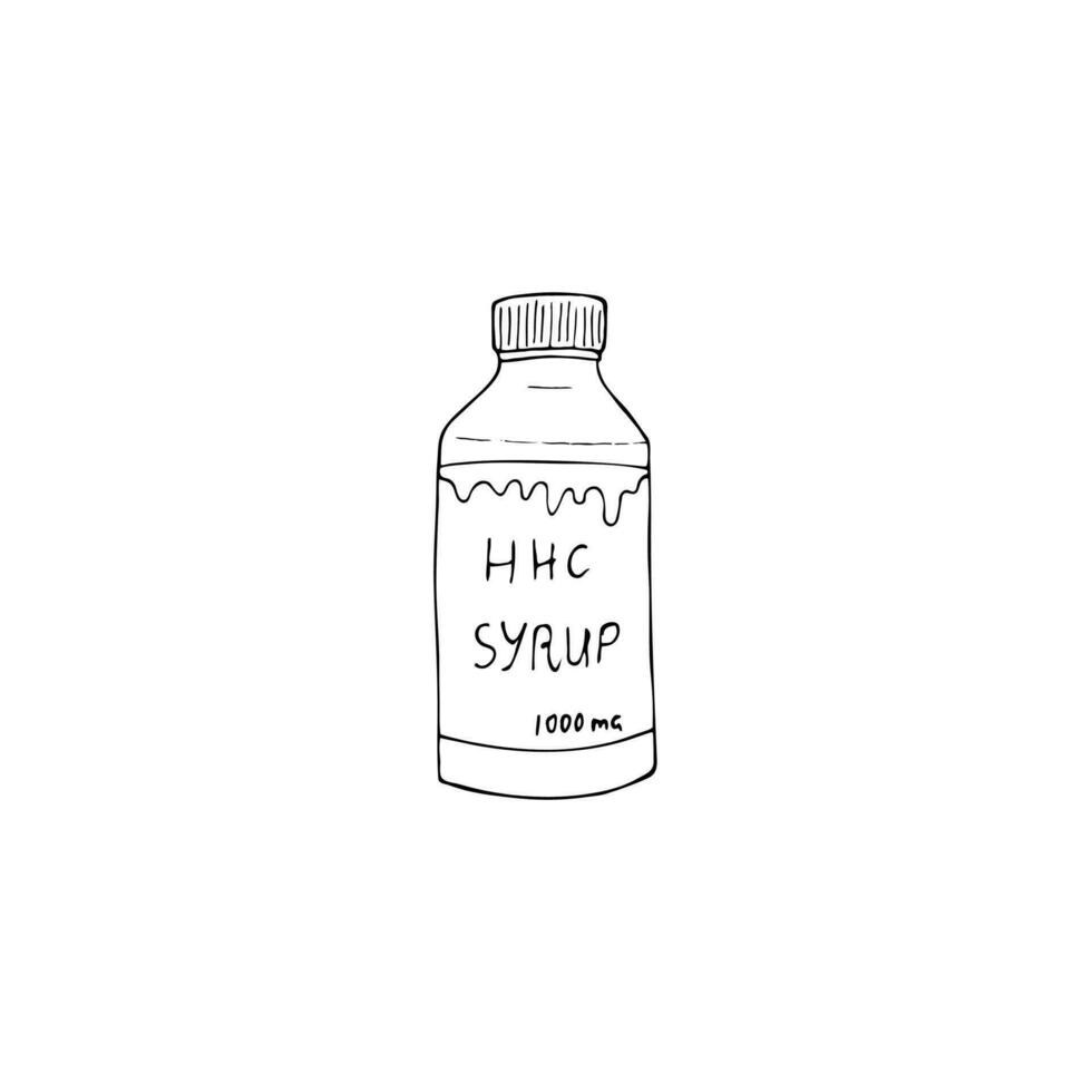 ritad för hand hhc sirap. vektor illustration isolerat på en vit bakgrund. cbd sirap för hälsa i en flaska. cannabis medicinsk produkt.