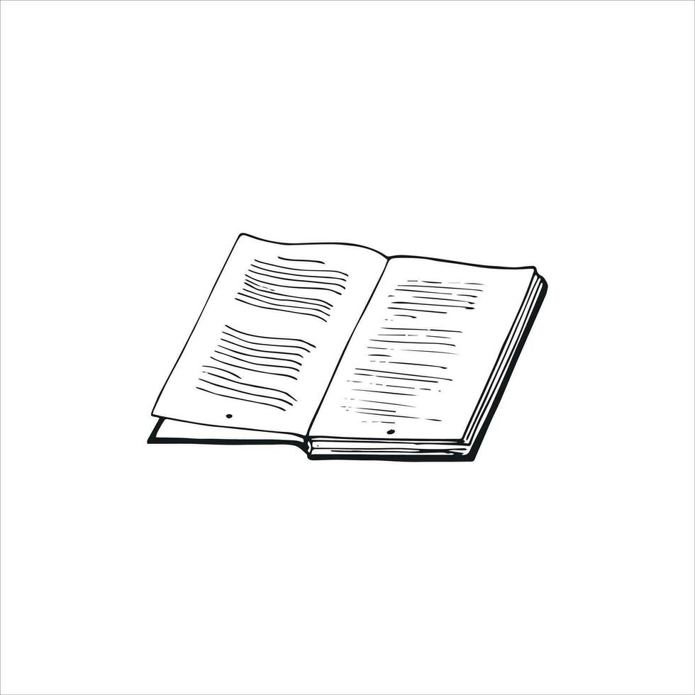 öppen bok skiss. ritad för hand bok i klotter stil. isolerat vektor illustration på en vit bakgrund