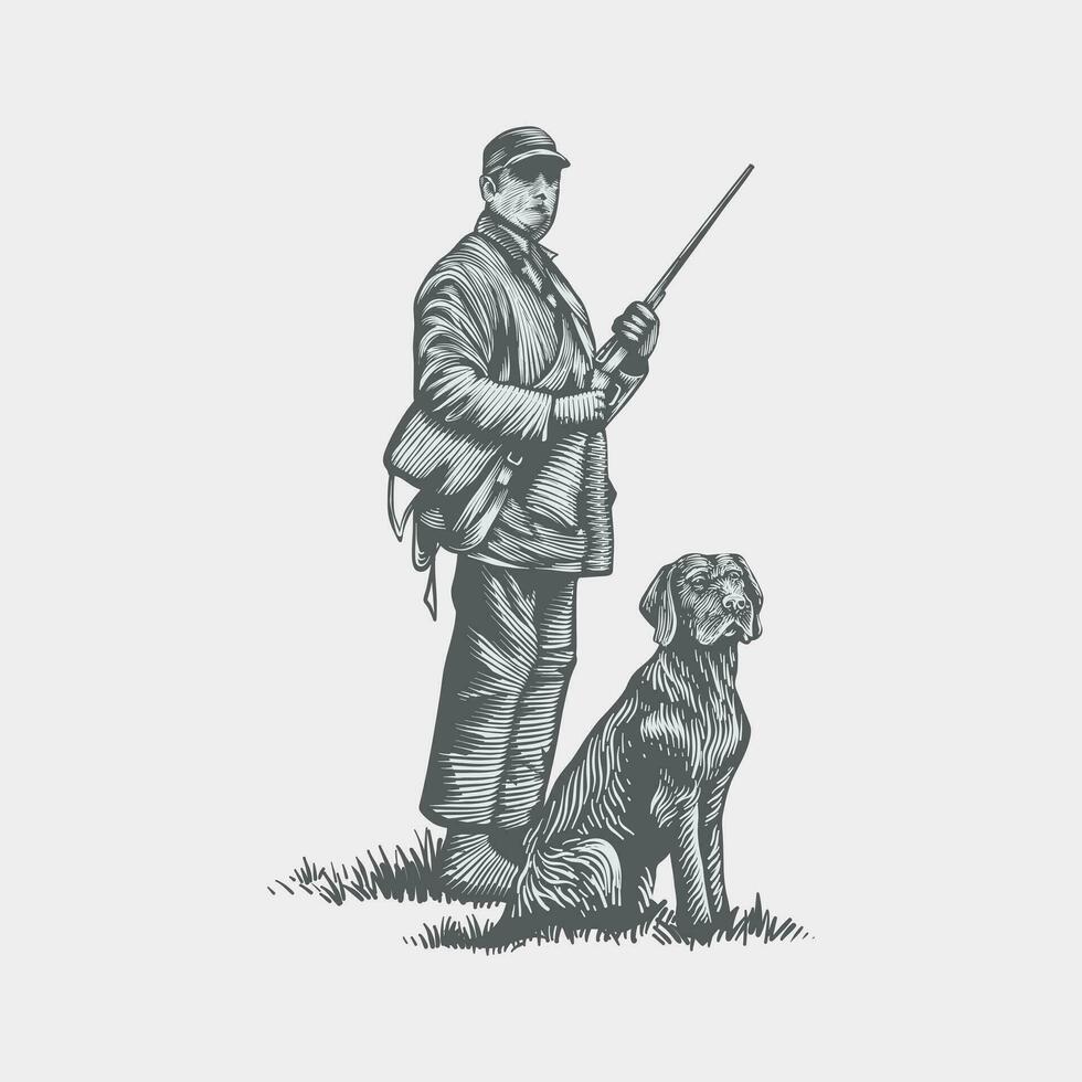 vektor jägare och hans hund. illustrationer med årgång stil gravyr tekniker