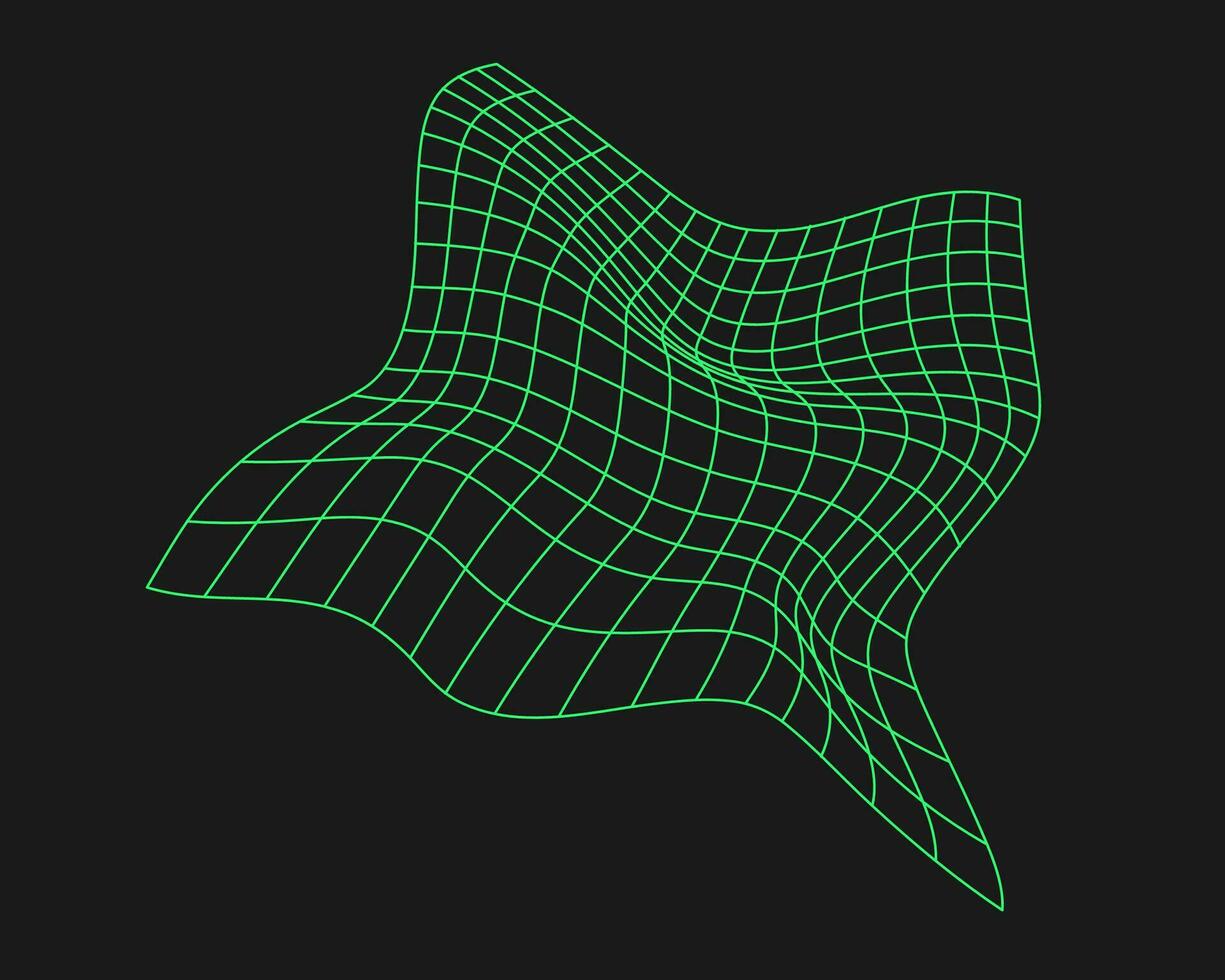 verzerrt Cyber Netz. Cyberpunk Geometrie Element y2k Stil. isoliert Grün Gittergewebe auf schwarz Hintergrund. Vektor Mode Illustration.