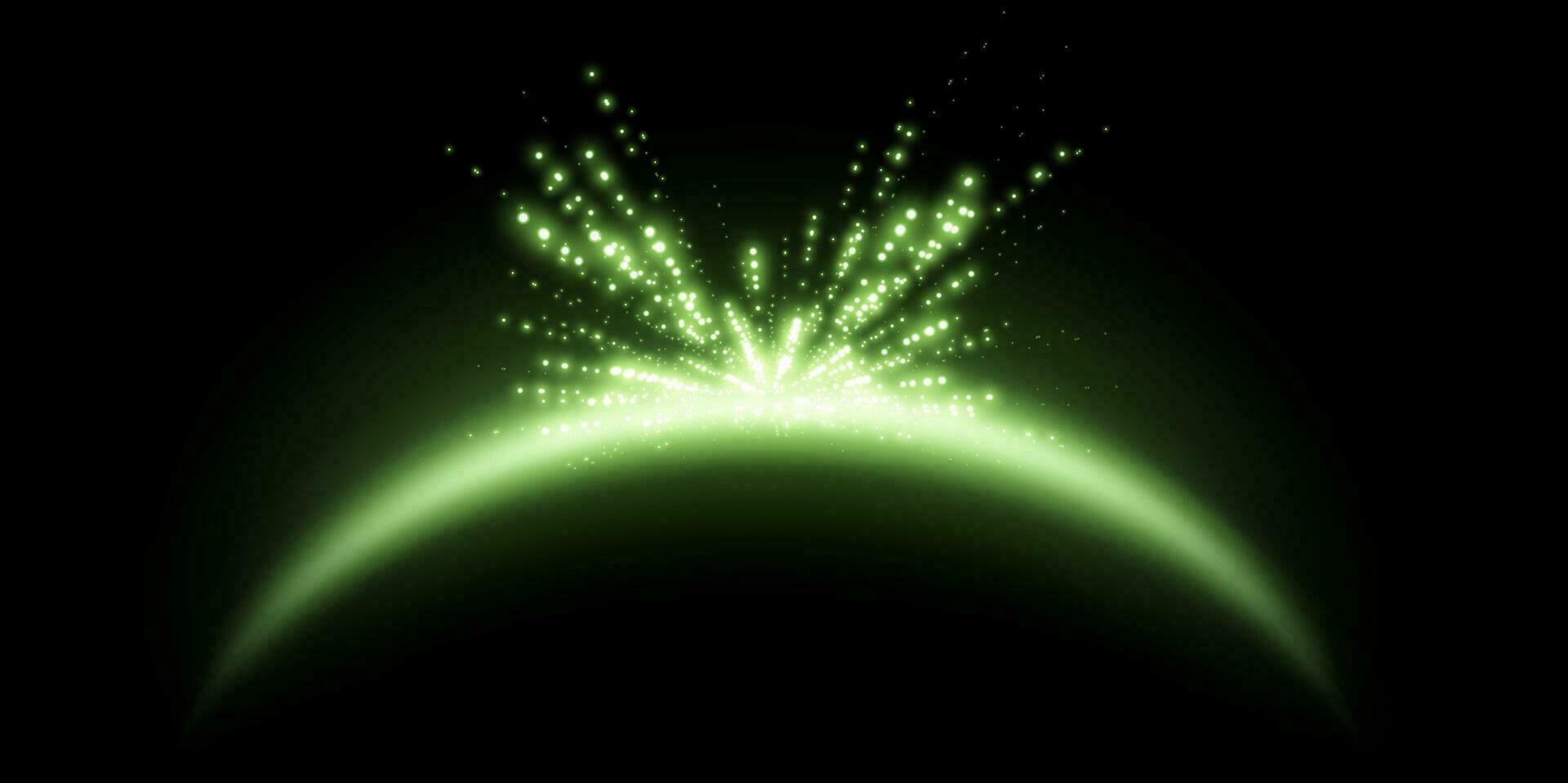grön magi båge med lysande partiklar, solljus lins blossa. neon realistisk energi blossa båge. abstrakt ljus effekt på en svart bakgrund. vektor illustration.