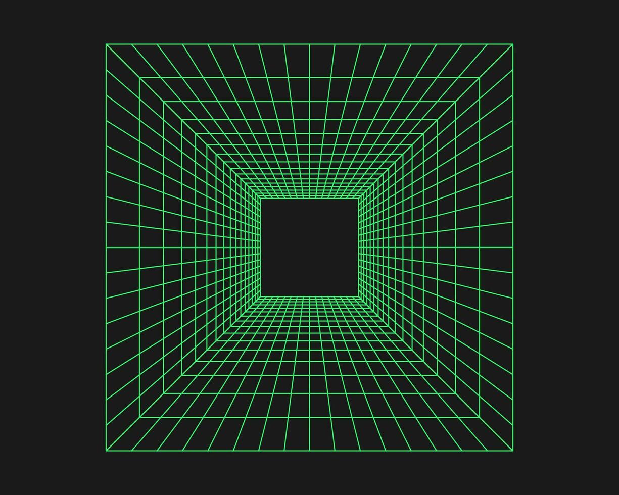 cyber rutnät, retro punk- perspektiv rektangulär tunnel. rutnät geometri tunnel, y2k element stil på svart bakgrund. vektor trendig illustration.