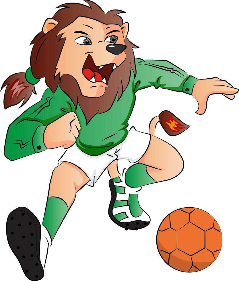 vektor av lejon maskot spelar fotboll.