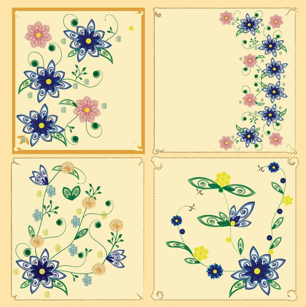 uppsättning av fyra kort med blommig bakgrund vektor