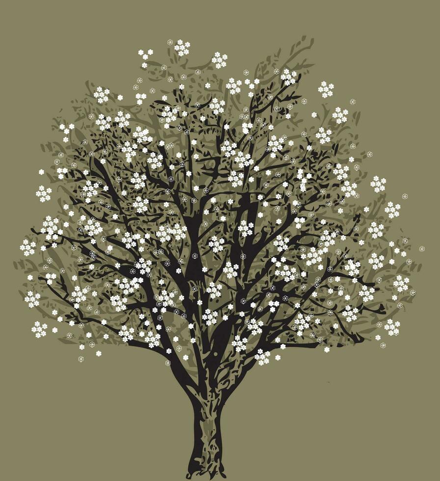 träd silhuett med vita blommor vektor
