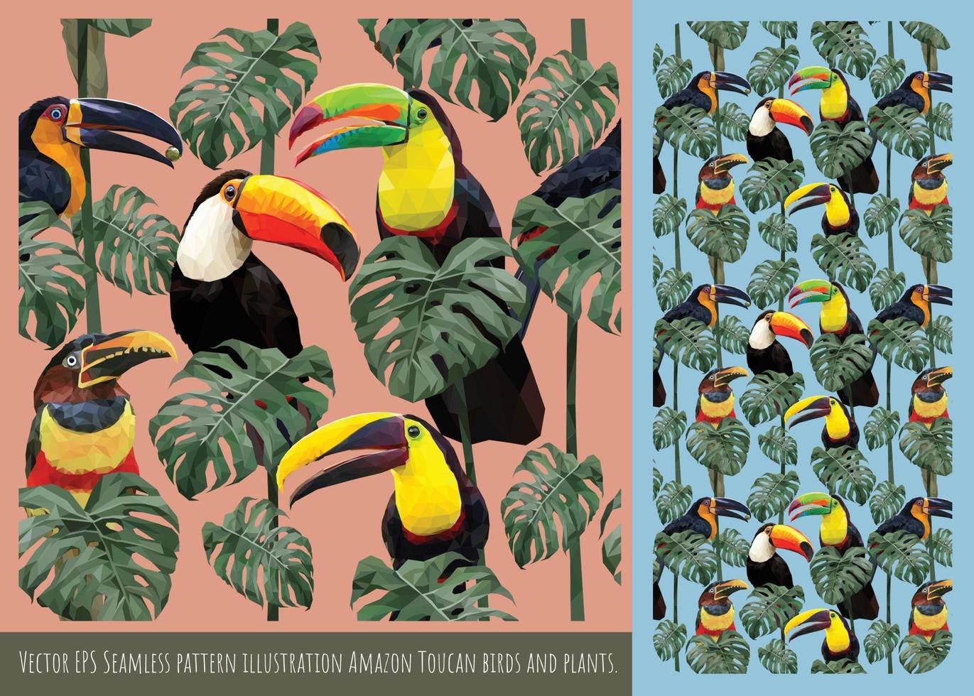 seamless mönster illustration amazon toucan fåglar och växter vektor