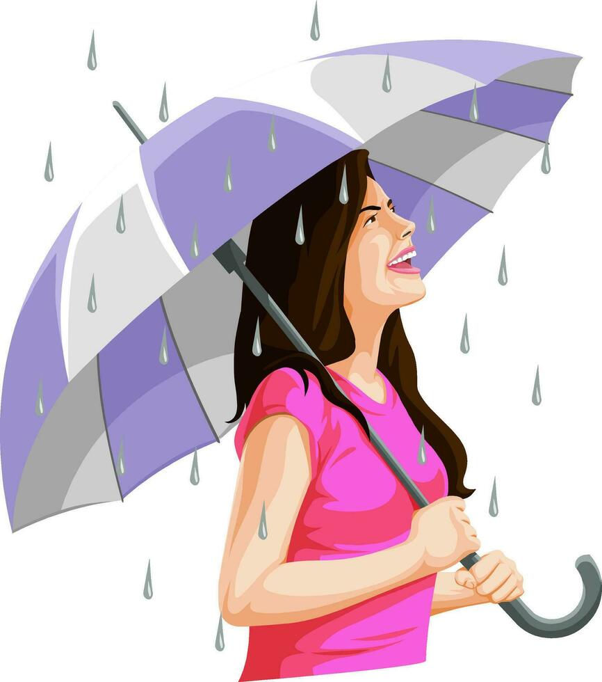 vektor av kvinna har roligt i regn.