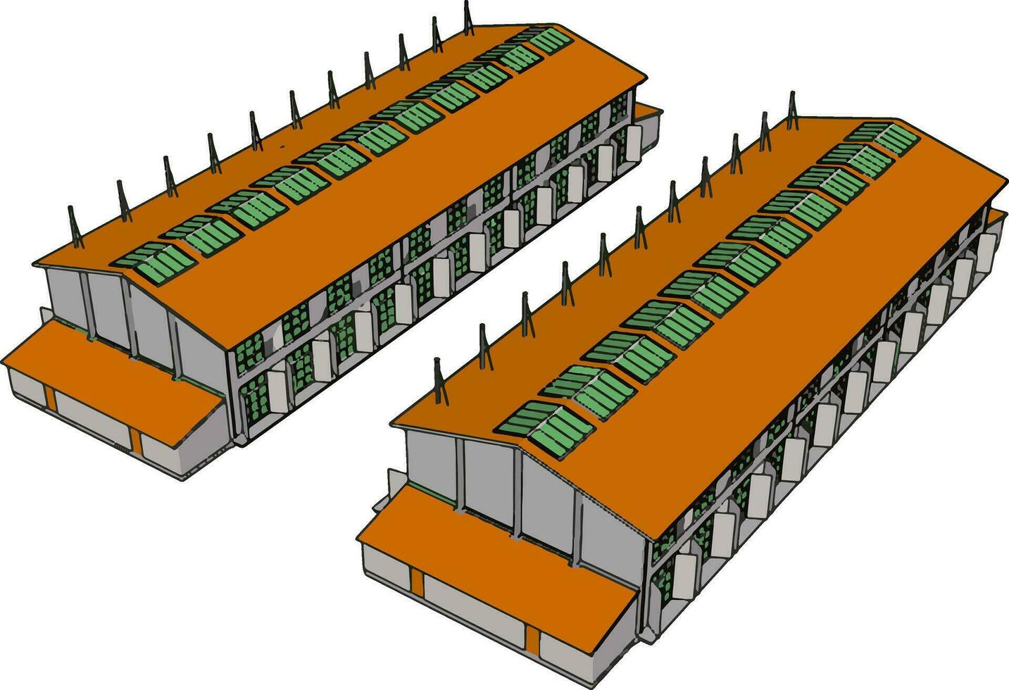 zwei Grün und Orange groß modern Scheunen mit öffnen schließt und Grün Dach Fenster Vektor Illustration auf Weiß Hintergrund