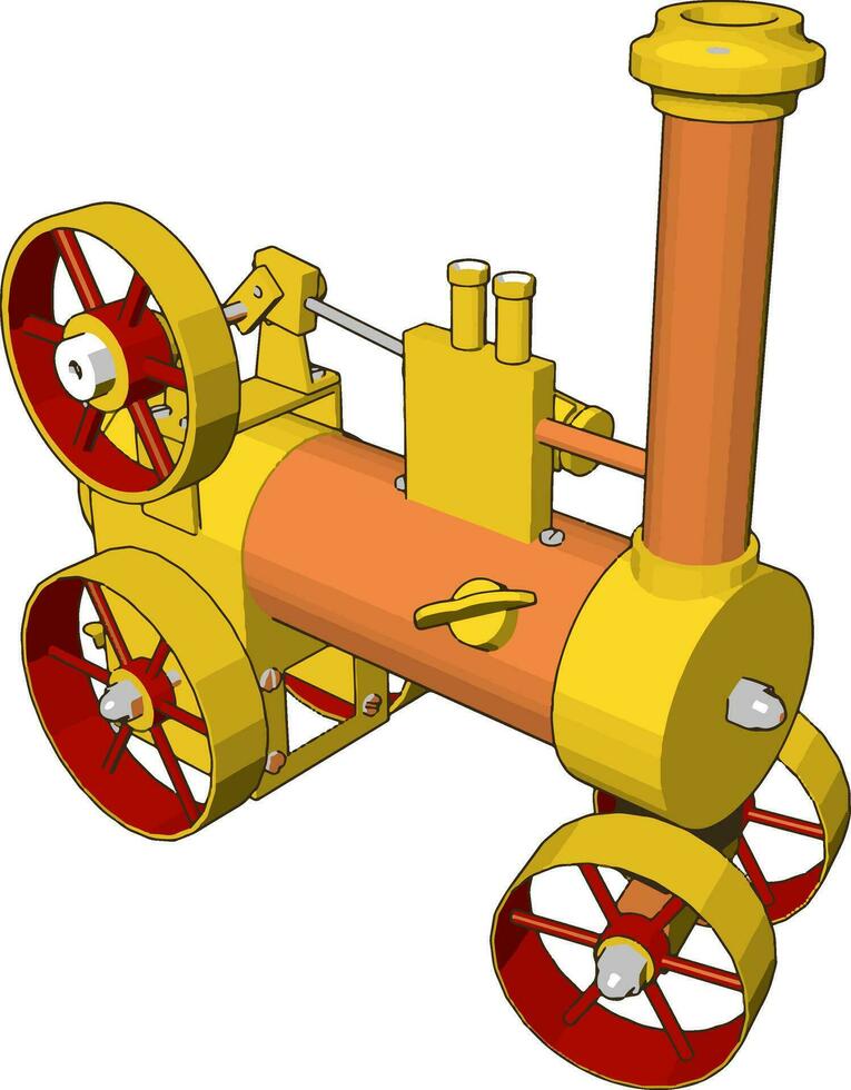 3d Vektor Illustration von Gelb und Orange Dampf Motor Maschine auf Weiß Hintergrund