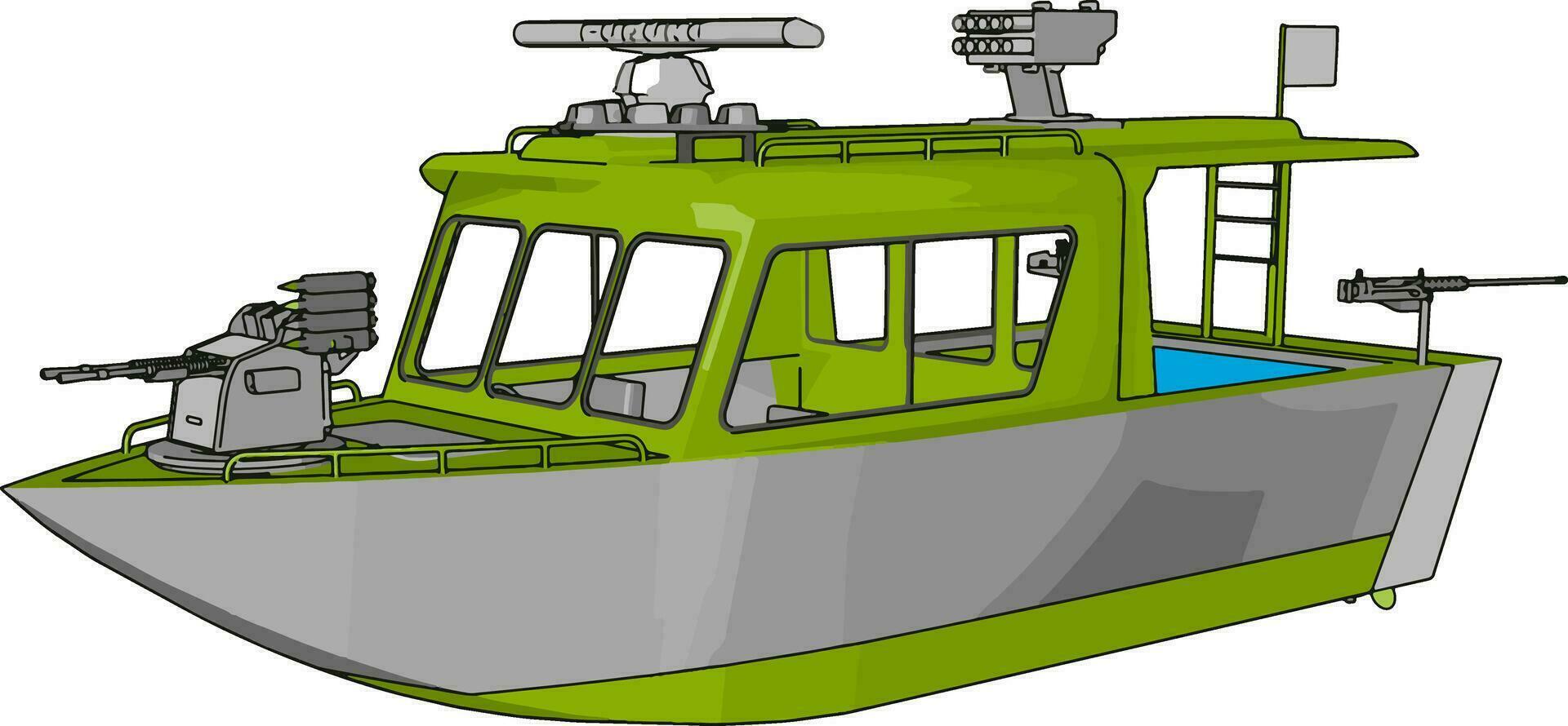 3d vektor illustration på vit bakgrund av en grå och grön militär båt