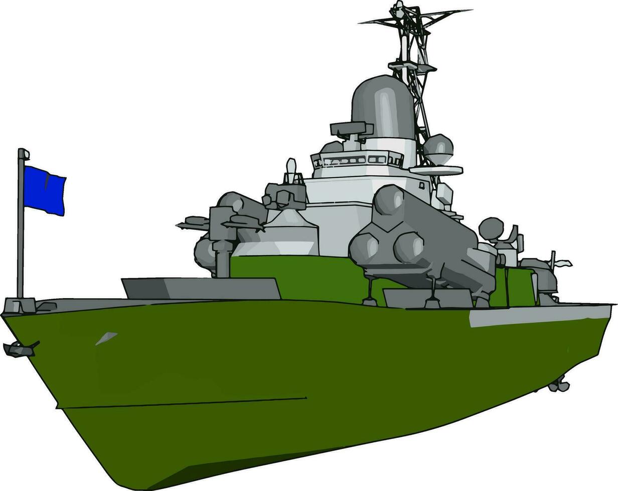 3d vektor illustration på vit bakgrund av en grön och grå militär båt med en blå flagga