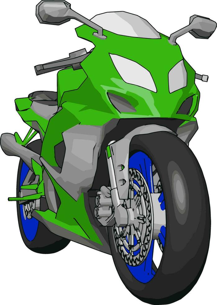 3d vektor illustration på vit bakgrund av en grå blå och grön motorcykel