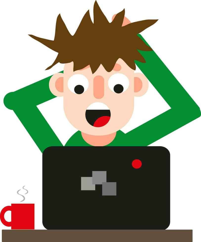 Mann vor einem Computer ist schockiert, Symbol, Vektor auf weißem Hintergrund.